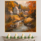 Golden Reflections – Autumn Village by the River on Ready to Hang 1.5" Thick Canvas Wrap, Floating Framed Canvas, Flat Rolled Canvas